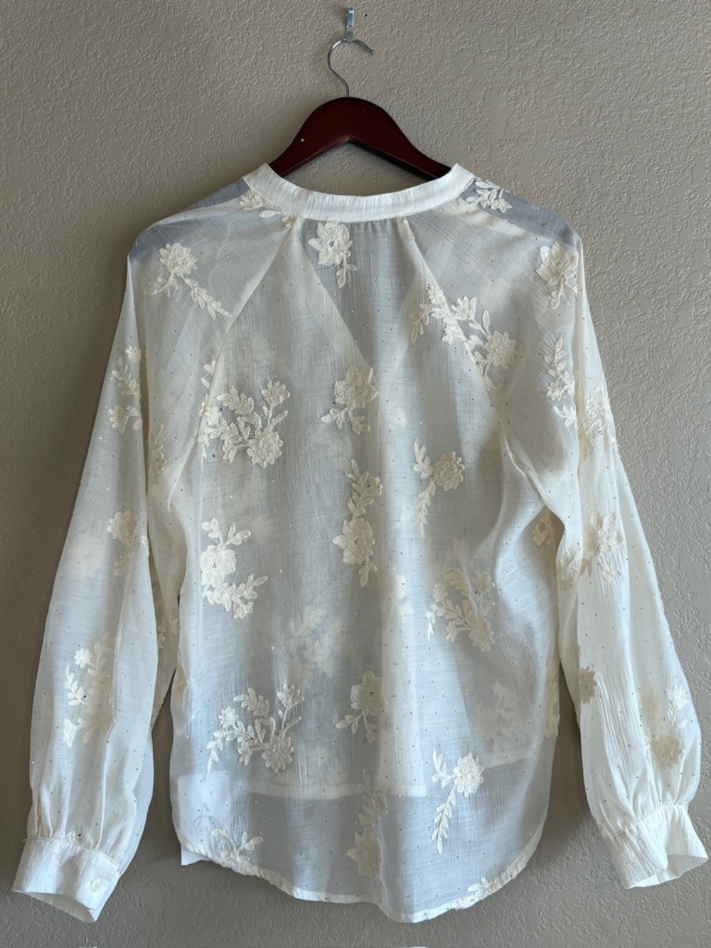 Ivory Embroidered Sheer Floral Blouse Rhinestone Mesh Top Size M - Picture 2 of 8